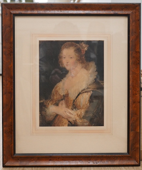 After Peter Paul Rubens (Flemish, 1577-1640), watercolour, Study of a lady wearing 17th century dress, unsigned, 30 x 23cm, maple framed. Condition - fair/good